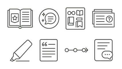 Line style icons of shared reading tools: reading journal icon, annotation set badge, book-themed sticker sheet, note cards with questions, highlight pen icon, shared reading quotes list, timeline
