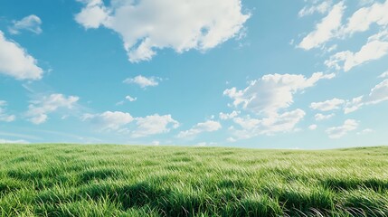 Expansive field of vibrant green grass under a clear blue sky with fluffy white clouds.