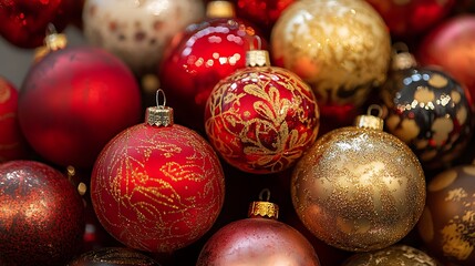 Festive Christmas ornaments in a variety of colors and patterns.
