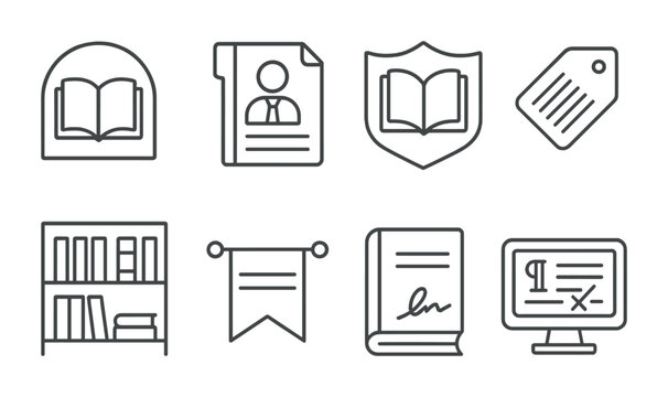 Line style icons of publishing and bookselling: publisher logo icon, literary agent file, cover design badge, ISBN tag, bookstore display shelf, preorder banner, signed copy symbol, editorial markup