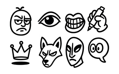 Obraz premium Line style icons of street art characters: graffiti-style face, cartoon eye symbol, exaggerated mouth grin, bold hand with marker, floating crown shape, stylized animal face, abstract mask form,