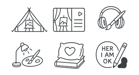 Fototapeta premium Line style icons of art as refuge: art tent icon, safe notebook corner, curtain and sketch inside, headphones + pen image, small light desk with brush, journal under pillow, “here I am ok” symbol,