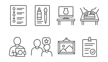 Line style icons of workshop formats: step-by-step guide sheet, materials list card, demo station setup, hands-on practice zone, instructor with sample, peer feedback corner, finished piece gallery,