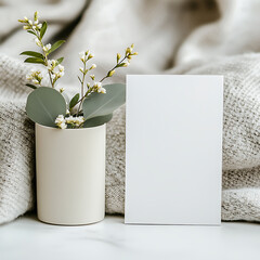 blank white card framed with spring blossoms and green leaves on silk background for custom design card, wedding card, invitation card, thank you card, empty card, save the date