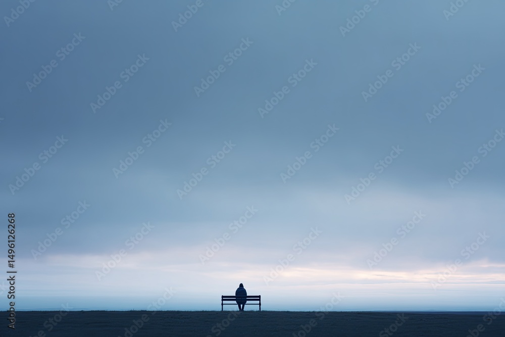 Poster minimalistic image of solitary figure sitting on bench under cloudy sky evoking sense of waiting and
