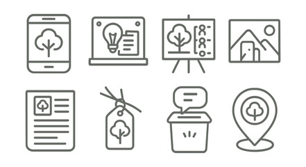 Line style icons of citizen engagement: greening app icon, idea submission board, crowd-vote tree map, photo challenge symbol, garden newsletter, QR tree label, feedback bin, urban nature pin.