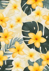 Obraz premium Seamless Tropical Floral Pattern with Yellow and White Plumeria on Leafy Background. for summer wrapping paper, textile prints