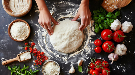 Hands preparing dough on a floured surface surrounded by tomatoes garlic and basil ingredients
