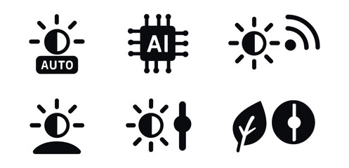 Solid style icons of auto and smart contrast: auto contrast icon, smart enhancement symbol, AI contrast adjust, adaptive contrast toggle, intelligent brightness+contrast, sensor-based contrast icon,