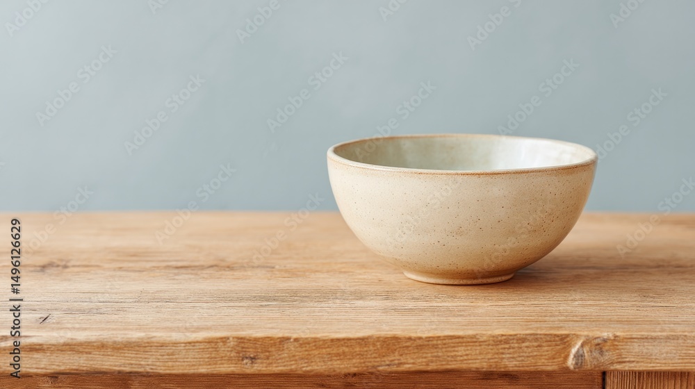 Poster minimalistic image of empty wooden table with single bowl at one end
