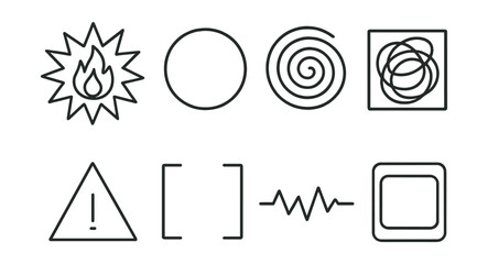 Line style icons of emotion through abstract shapes: spiky shape with fire icon, smooth circle of calm, swirl of overwhelm, tangle inside box, triangle of anger sketch, blur and focus frame, jagged