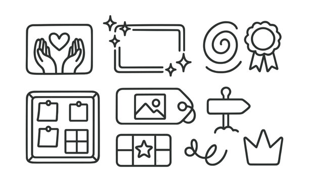 Line style icons of celebration and recognition: sketch for gratitude card, peer compliment frame, “what I liked about your art” tag, joy spiral + badge, positive vibes board, creative win tracker,