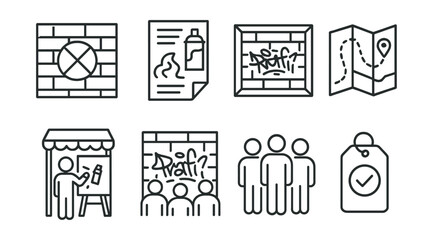 Line style icons of festival and legal graffiti: legal wall zone, mural event flyer, public wall frame, street art tour map, live-painting booth, community graffiti board, art jam group, permission