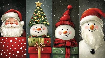 Festive christmas characters peeking from presents.