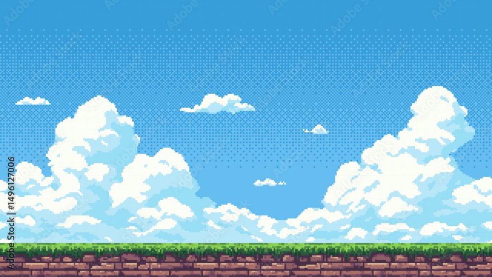 Poster pixel art retro game level, 8 bit 2d video game background, pixel template. vector illustration