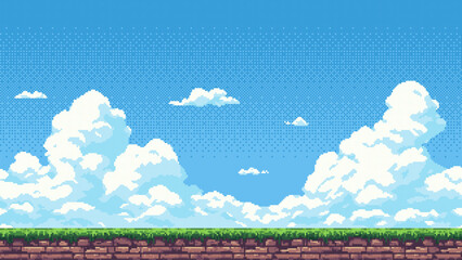 pixel art retro game level, 8 bit 2d video game background, pixel template. Vector illustration