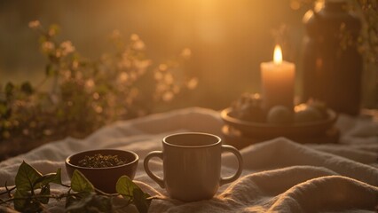 Cozy golden hour tea setting with ceramic mug herb bowl and candle Perfect for a relaxing evening