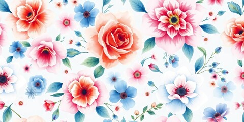 Seamless watercolor floral pattern in spring blue hues, perfect for wallpaper or textile design, watercolor background, bright