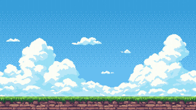 pixel art retro game level, 8 bit 2d video game background, pixel template. Vector illustration