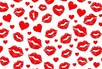 Seamless romantic pattern featuring red hearts and lip print kisses on a white background, pattern, kiss marks