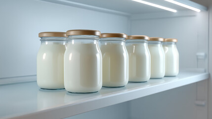 Glass jars of milk neatly arranged on refrigerator shelf