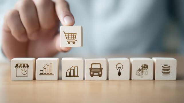 Hand Holding Wooden Block with Shopping Cart Icon Surrounded by Various Business and Finance Symbols on a Light Wooden Surface