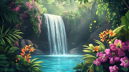 Lush waterfall cascading into a tranquil pool in a tropical paradise.