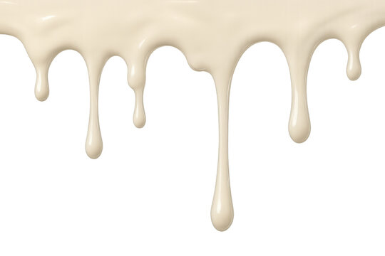 Creamy white liquid cascading, forming glossy viscous droplets against transparent backdrop, perfect for culinary visual design