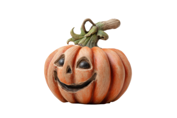 PNG Carved pumpkin with smiling face and green stem on black background