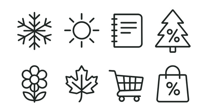 Line style icons of seasonal sales: winter sale snowflake, summer sale sun, back-to-school notebook, holiday discount tree, spring sale flower, fall markdown leaf, black Friday cart, end-of-season