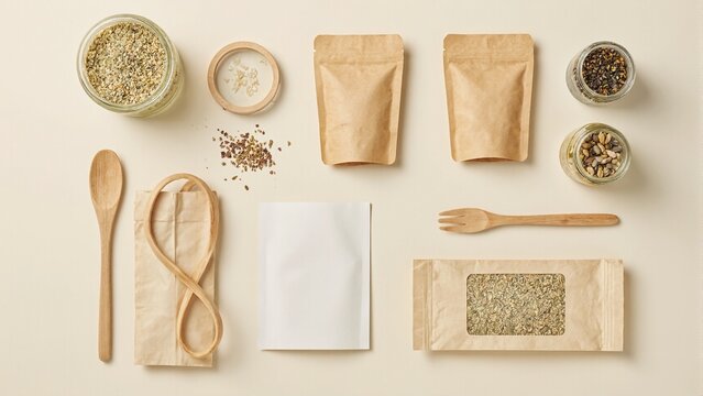 Eco friendly flat lay with kraft pouches bamboo utensils and glass jars showcasing sustainable lifestyle choices