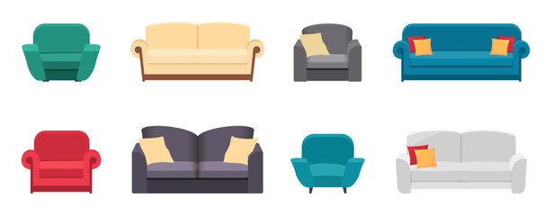 Set different sofa, lamp and armchair isolated on white. Big Collection furniture icons for interior of house. Vector illustration in flat style.