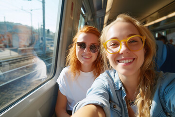 Two cheerful female tourists are taking a selfie on a train while enjoying their vacation together