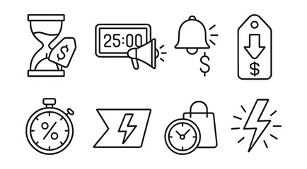 Line style icons of flash discount formats: hourglass + price icon, countdown with offer, instant price drop alert, short timer tag, minute-limited % symbol, speed buy banner, clock and bag sketch,
