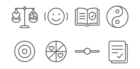 Line style icons of daily emotional balance: scale with heart and mind, centered mood icon, balanced journal badge, emotion mix symbol, calm center icon, equal parts emotion wheel, no extremes bar,