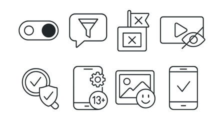 Fototapeta premium Line style icons of content filtering tools: explicit filter toggle, comment filter icon, flag inappropriate post, hide harmful video, search with safety tag, app setting + age badge, positive