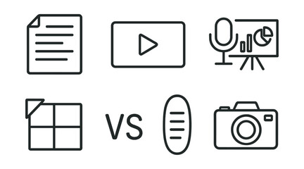 Line style icons of media types: text article page, video content frame, audio podcast icon, infographic symbol, meme panel tag, opinion vs news split, longform read badge, photojournalism icon.