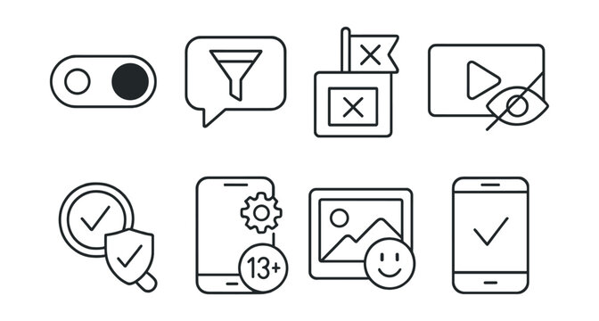 Line style icons of content filtering tools: explicit filter toggle, comment filter icon, flag inappropriate post, hide harmful video, search with safety tag, app setting + age badge, positive