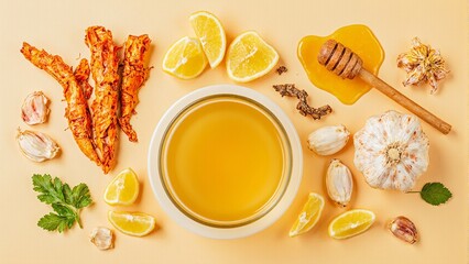 Colorful array of immunity boosting ingredients like turmeric garlic lemon and honey with a teacup Health and wellness concept