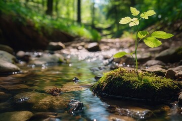 Fototapeta premium Nature's Gentle Awakening: A Tiny Plant by a Forest Stream