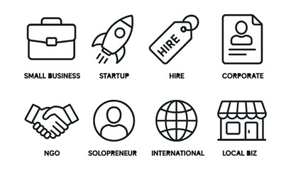 Line style icons of client types: small business briefcase, startup project icon, agency hire tag, corporate client sheet, NGO partner symbol, solopreneur badge, international client globe, local biz
