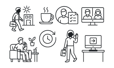 Line style icons of daily coworking flow: morning arrival icon, coffee + plan badge, daily to-do desk, mid-day huddle screen, lunch break in lounge, afternoon sprint symbol, end-of-day wrap-up, log