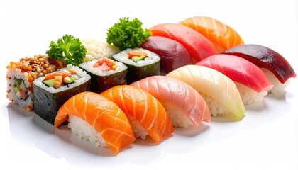 Close-Up Raw Sushi Seafood on White Background