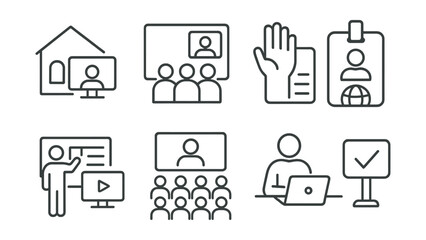Fototapeta premium Line style icons of hybrid meetings: one room + remote icon, screen in room + video call symbol, hybrid speaker badge, remote hands raised tag, physical + digital board, mixed attendance layout, call