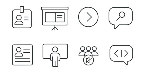Fototapeta premium Line style icons of presenter mode: presenter badge, slide deck on screen, click next icon, pointer tool tag, presenter notes icon, solo speaker layout, audience muted toggle, control slide flow.