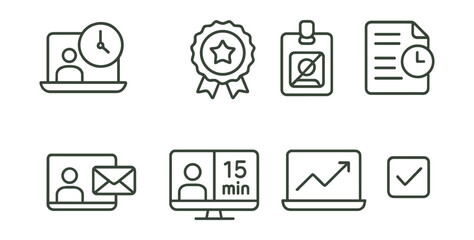 Fototapeta premium Line style icons of time-saving video call habits: set meeting time icon, finish early badge, “no small talk” tag, time-boxed agenda symbol, async first option, 15-min meeting screen, outcome-driven