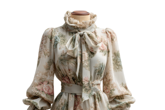 PNG Elegant floral victorian-style dress on mannequin with ruffled collar and puff sleeves