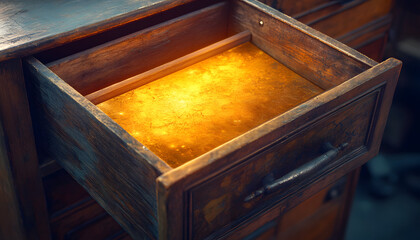 A filing cabinet drawer glows with magical golden light, suggesting hidden treasures or secrets inside.