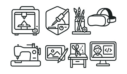 Line style icons of makerspaces in libraries: 3D printer icon, soldering bench badge, creative tools shelf, VR headset station, sewing machine tag, digital art tablet, crafting corner table, coding