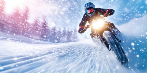 Motorcyclist riding at high speed through a snowy landscape with snowflakes around. Dynamic action and adrenaline in a winter setting